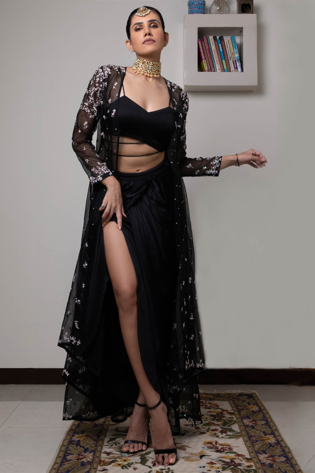 Buy Black Draped Skirt & Jacket Set by Mandira Wirk